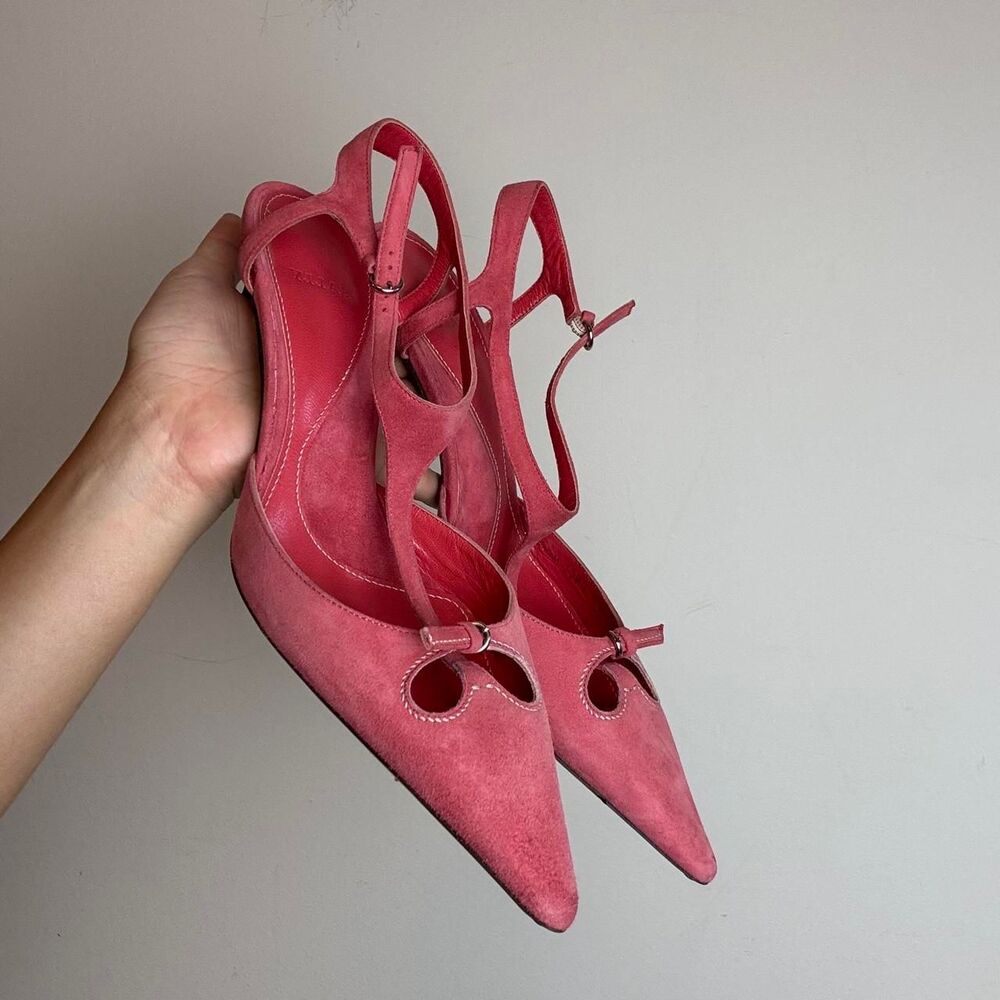 Bally vintage y2k pink suede pointed toe slingback heels with bow detail